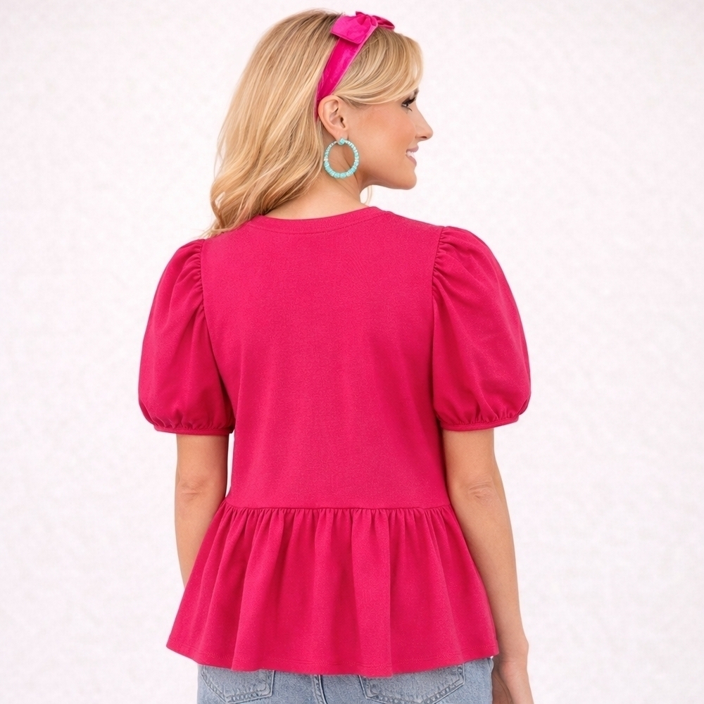 English Factory Hot Pink Peplum Babydoll Feminine Top Puff Sleeves Size Medium - Picture 4 of 10